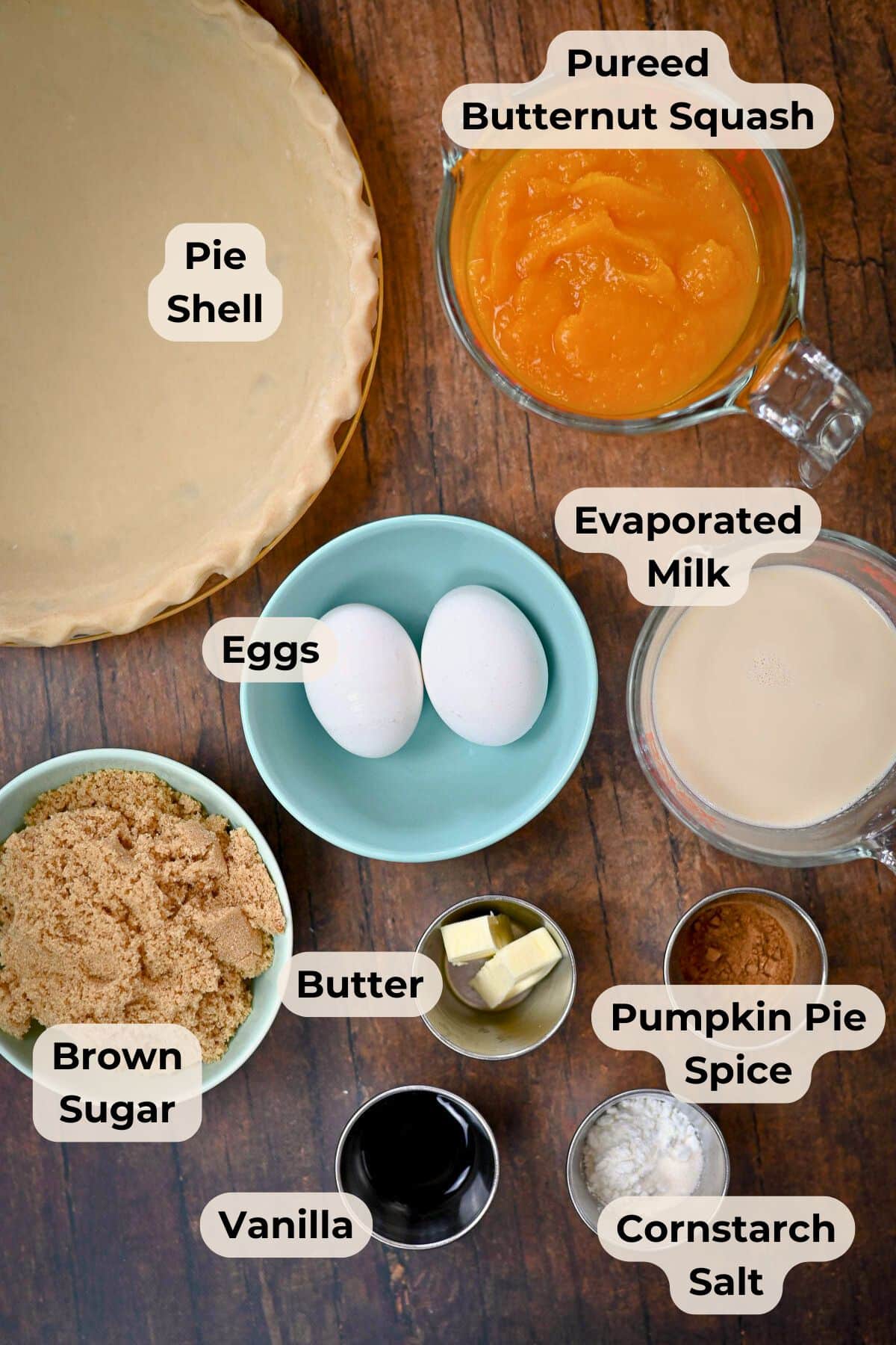 Overhead view of labeled Butternut Squash Pie ingredients: pie shell, pureed butternut squash, eggs, brown sugar, and more.