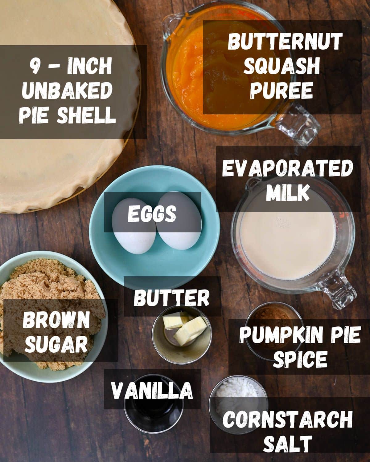 Ingredients needed for butternut pie. 