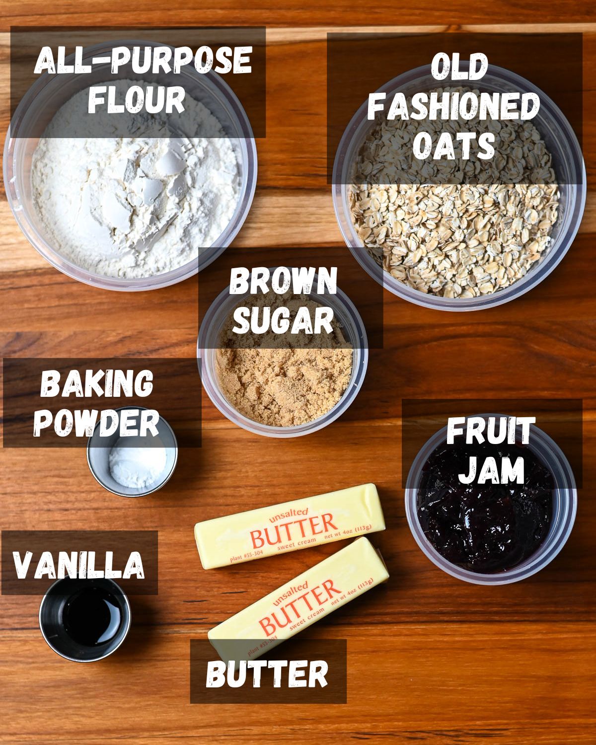 Labeled ingredients used to make oatmeal jam bars. 