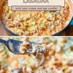A skillet filled with creamy lasagna noodles and cheese, with a fork lifting a cheesy bite—this Easy Skillet Lasagna Recipe brings all the classic flavors to your table in just one pan.