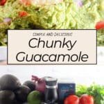 A chip dipped in Chunky Guacamole hovers above fresh ingredients like avocado, tomato, lime, and seasonings.