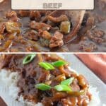 Easy Mongolian Beef simmering in a dark, flavorful sauce in a pot, then served over rice and garnished with fresh green onions.