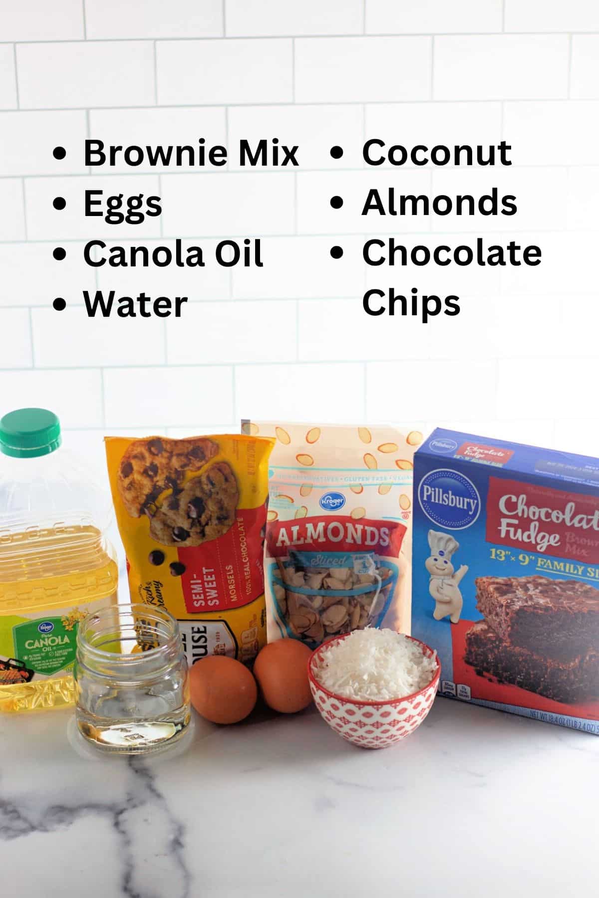 A labeled photo of ingredients to make coconut brownies. 