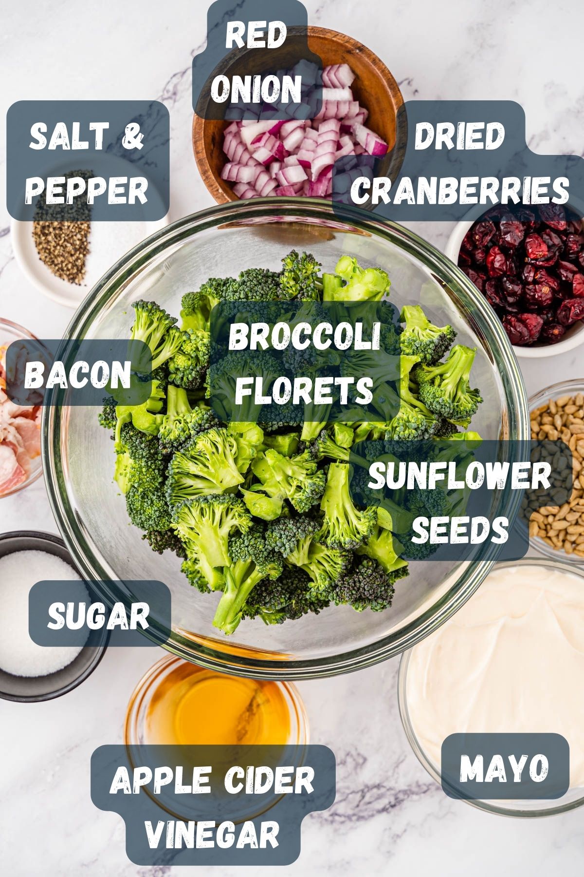 Broccoli salad ingredients in separate bowls. 