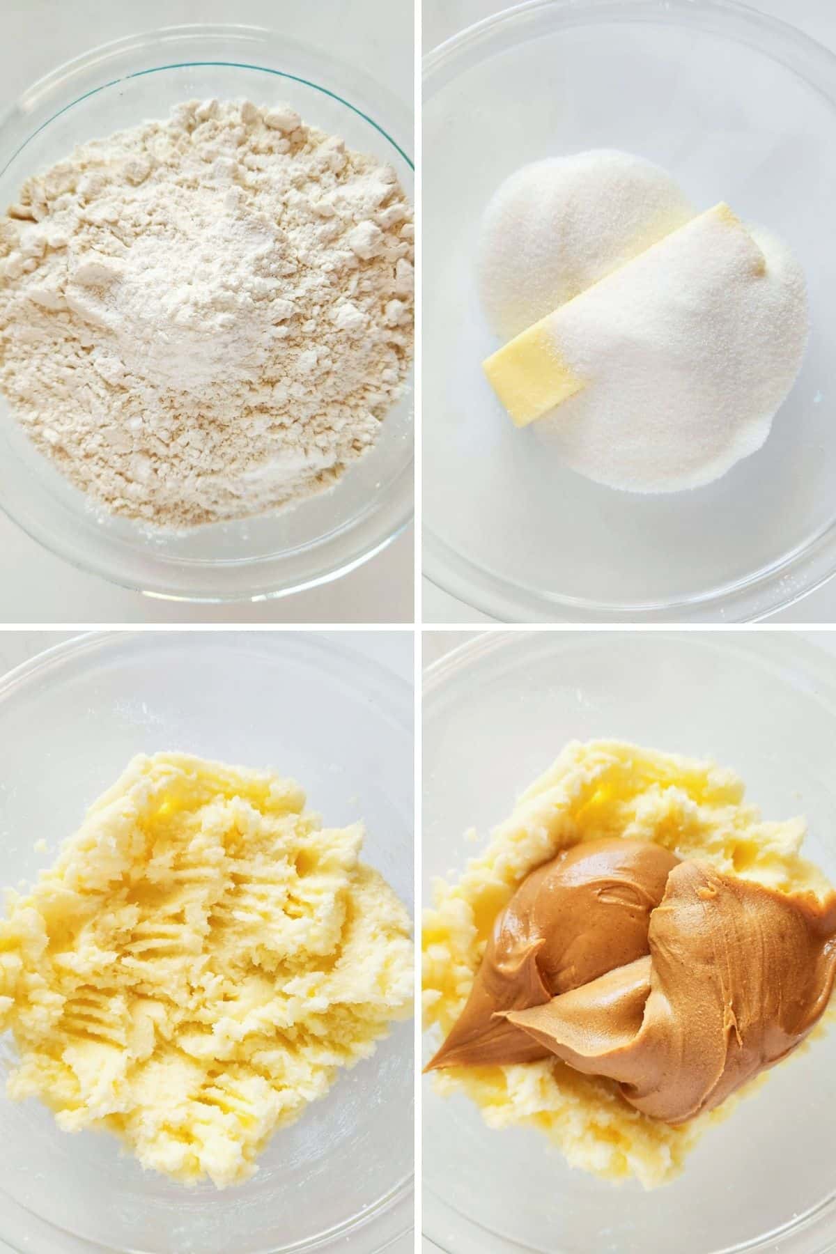 A collage of 4 photos showing how to make peanut butter cookie dough. 