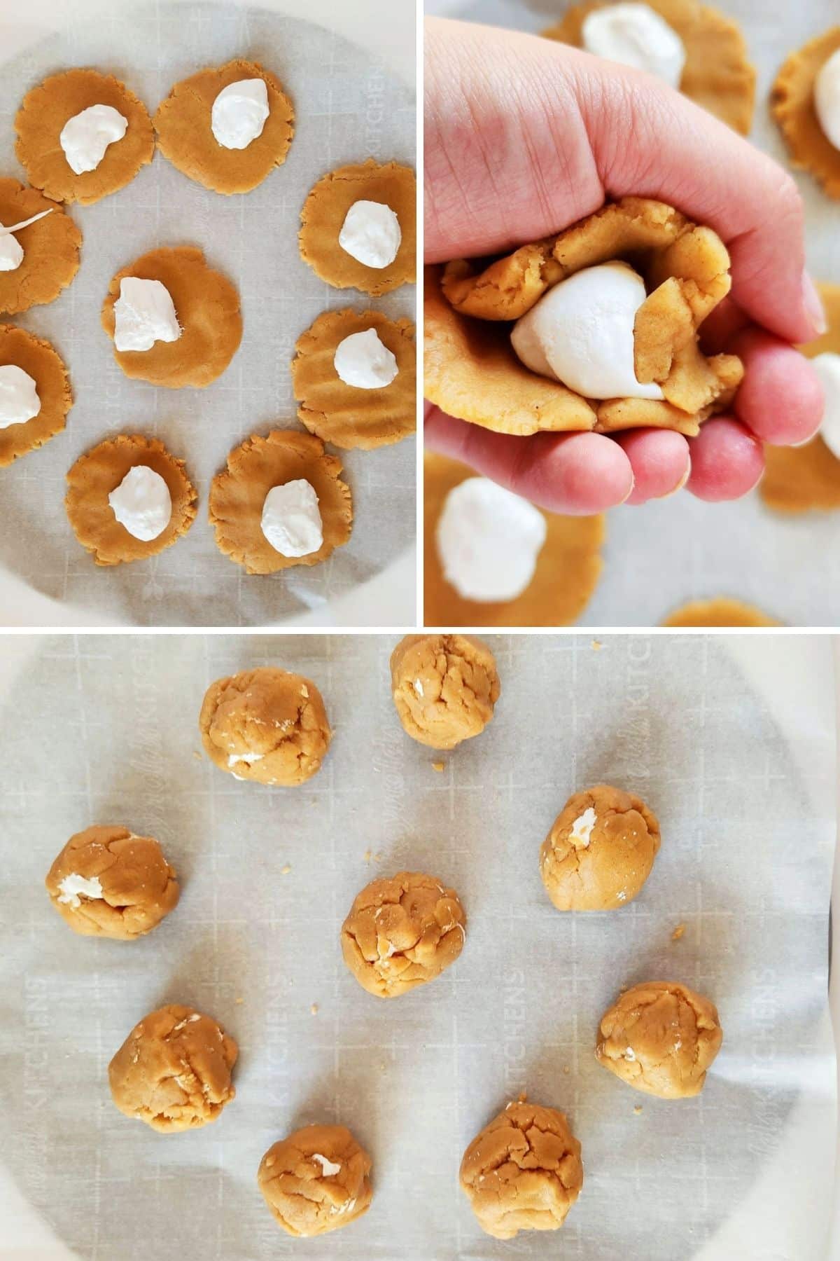 A collage of 4 photos showing how to make fluffernutter cookies. 