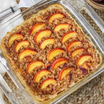 Just baked peach oatmeal in a baking dish.