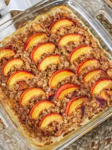 Just baked peach oatmeal in a baking dish.