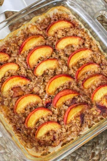Just baked peach oatmeal in a baking dish.