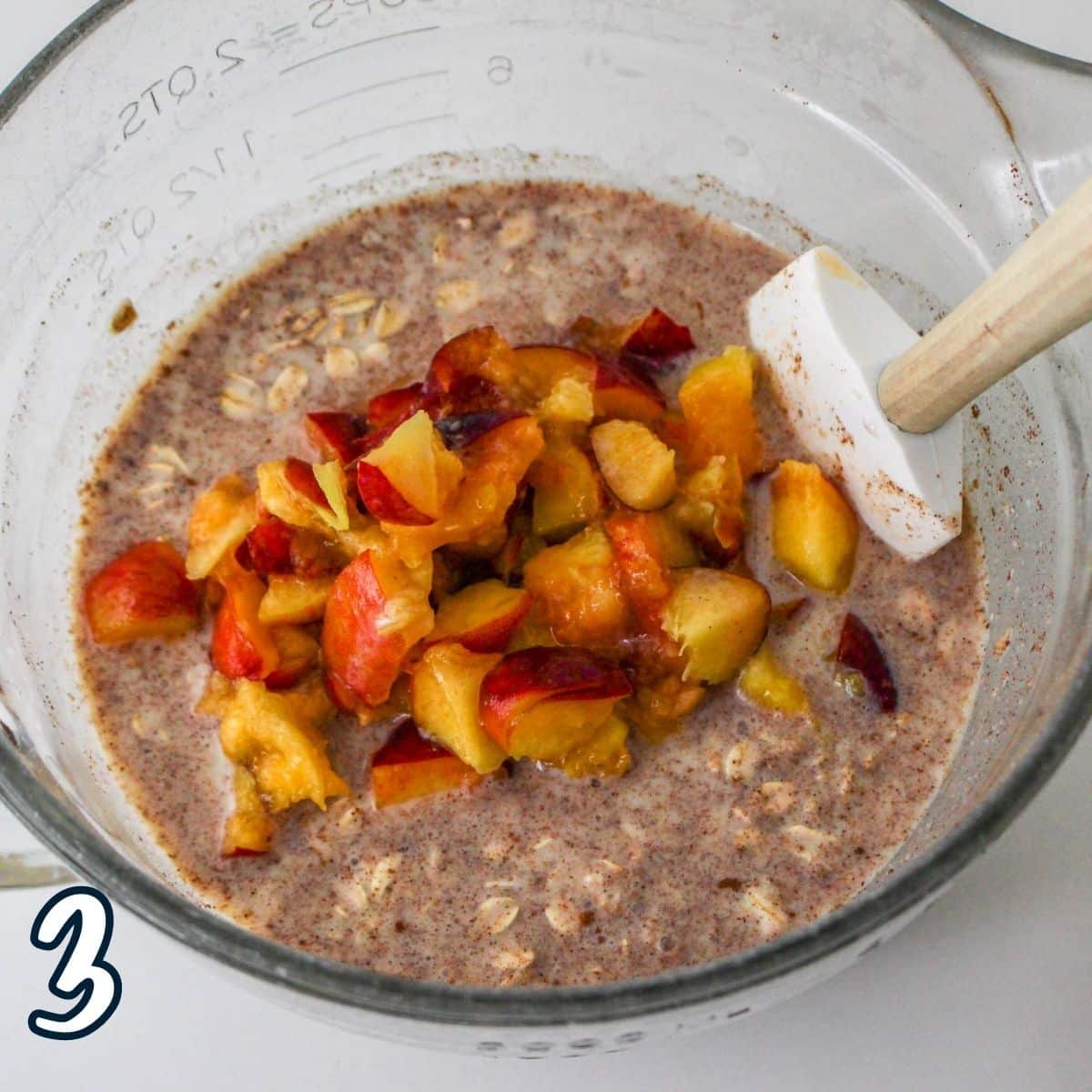 Diced peaches on top of a cinnamon oats and milk mixture. 