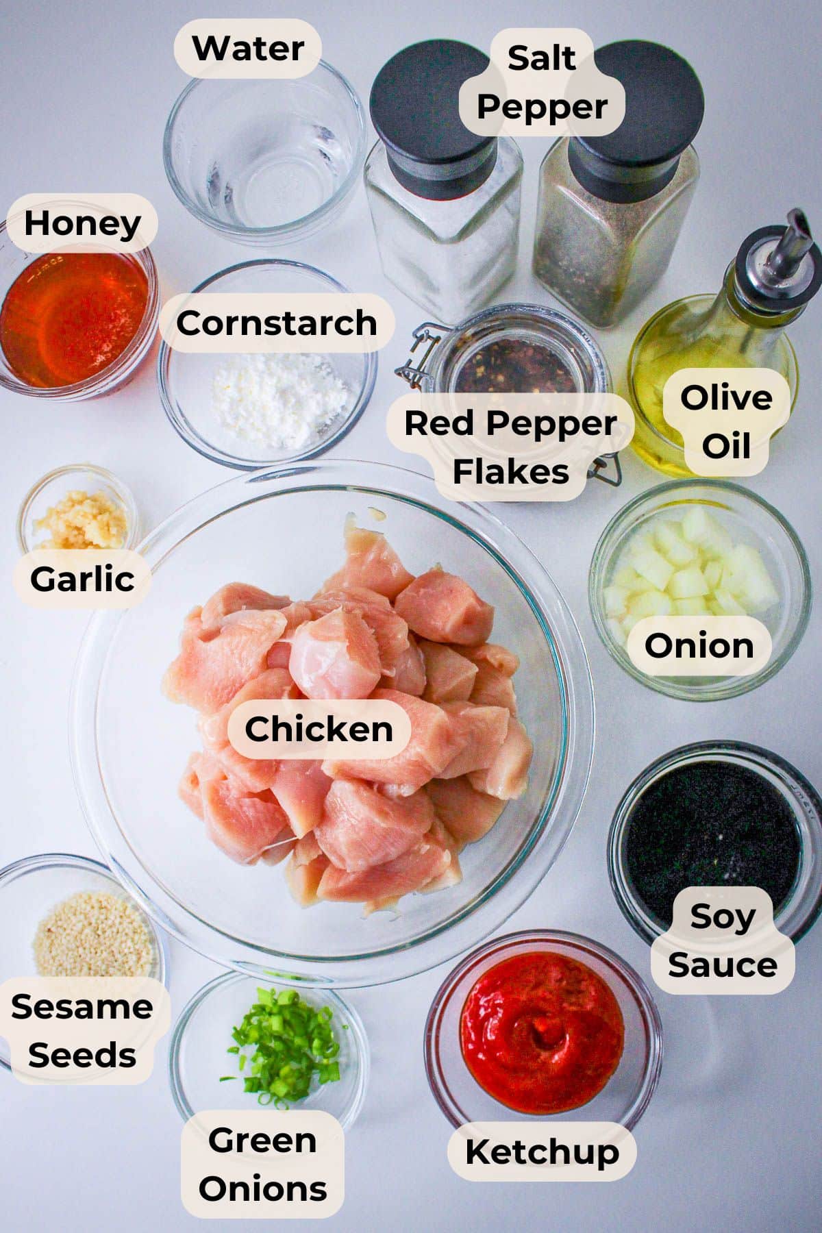 Ingredients for Slow Cooker Sesame Chicken: chicken, sauces, spices, oil, onions, garlic, cornstarch, and seasonings neatly arranged on a table.