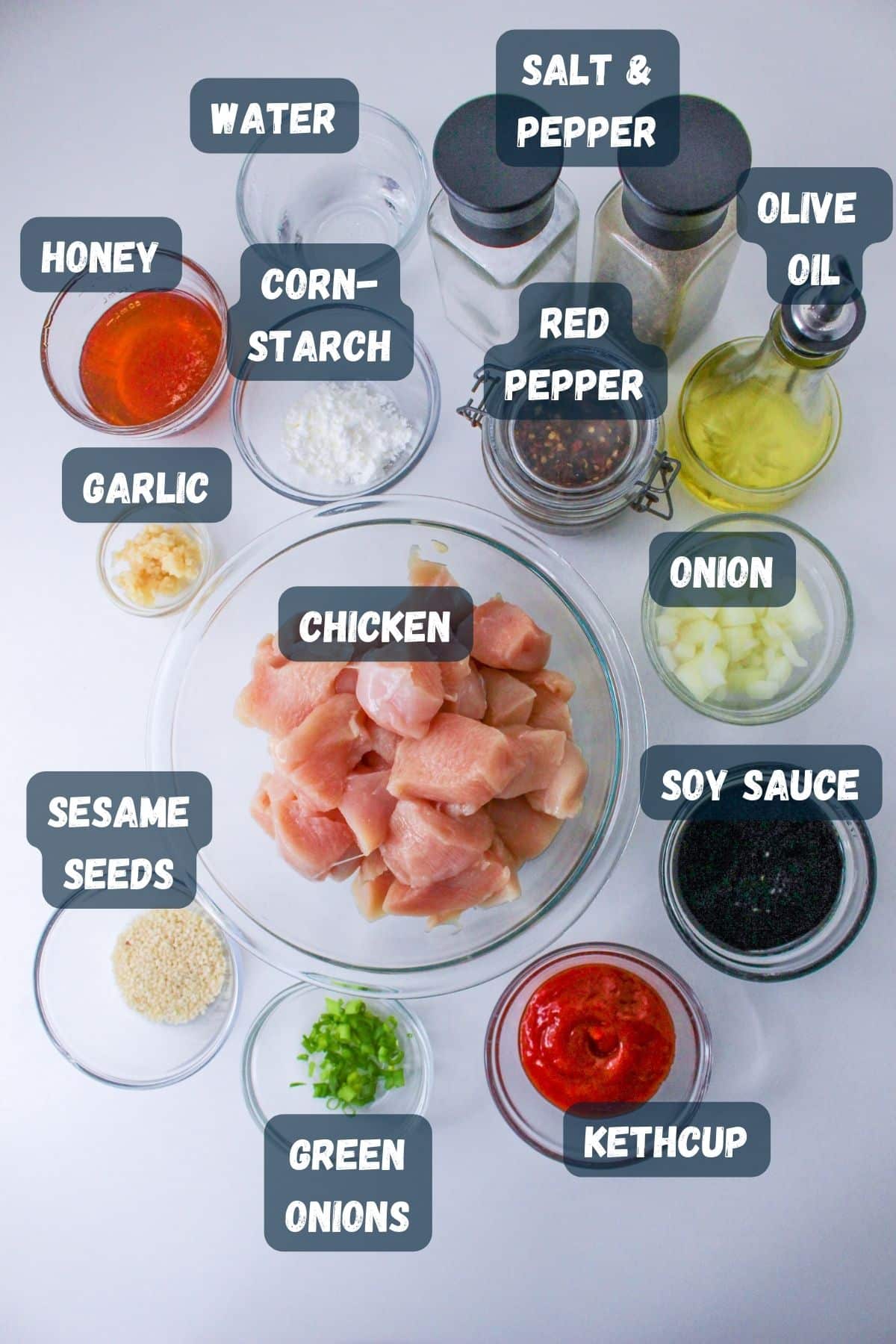 Labeled ingredients shown to make slow cooker sesame chicken. 