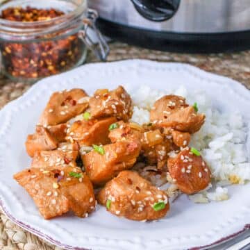 Sesame chicken with rice on a white plate.