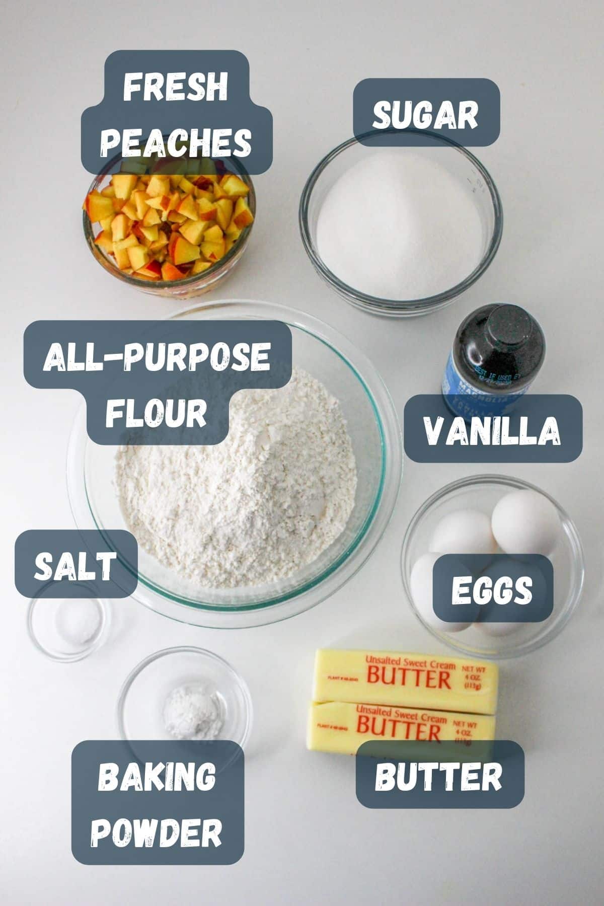 Labeled ingredients used to make peach cake. 