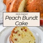 A slice of Peach Bundt Cake on a plate sits beside a whole, powdered sugar-dusted Peach Bundt Cake, offering a sweet and inviting treat.