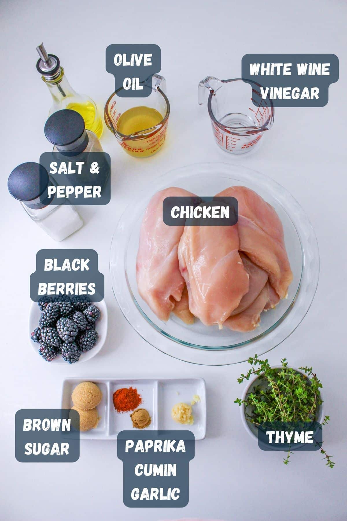 Ingredients needed to make blackberry glazed chicken. 