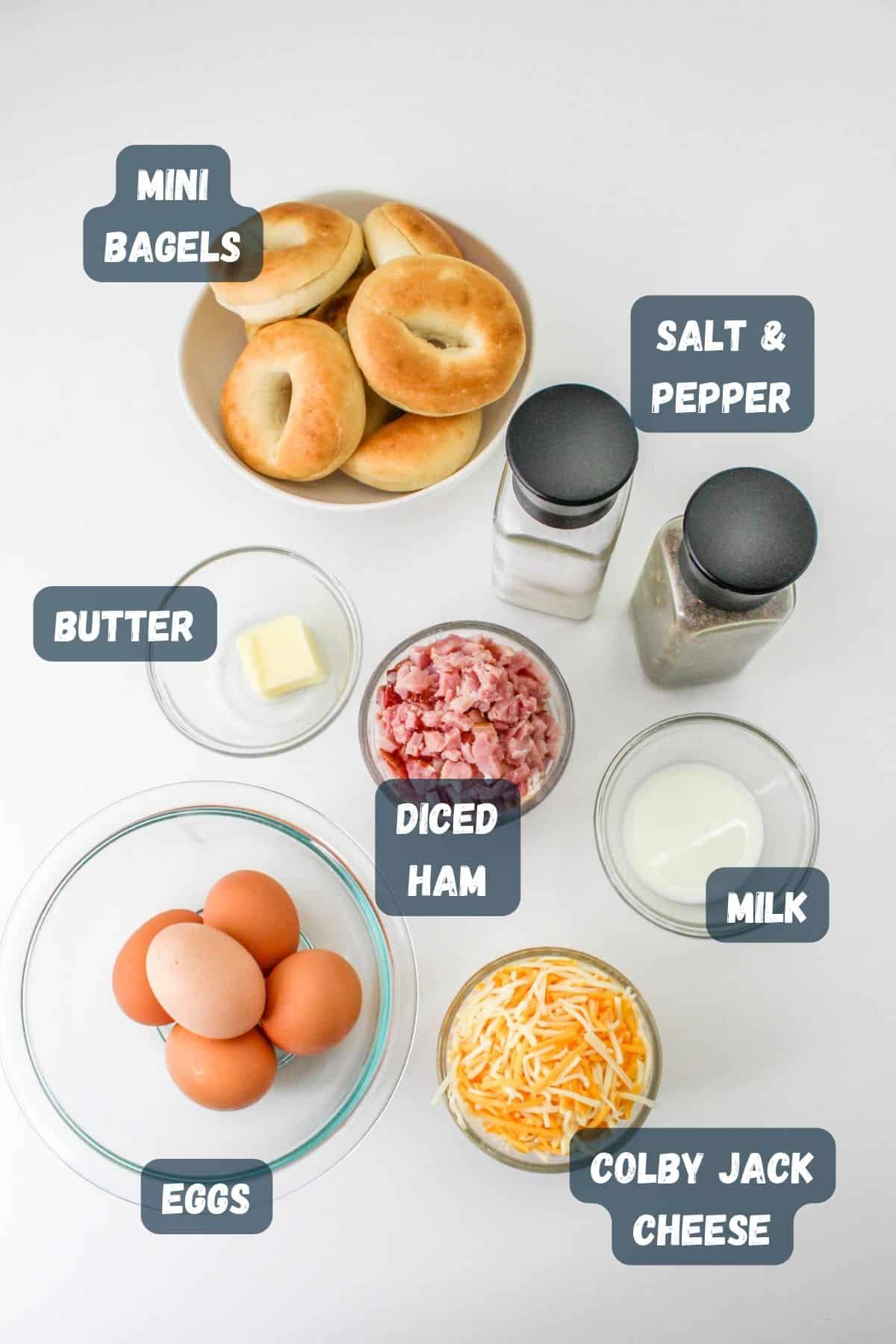 Labeled ingredients needed to make breakfast bagels. 