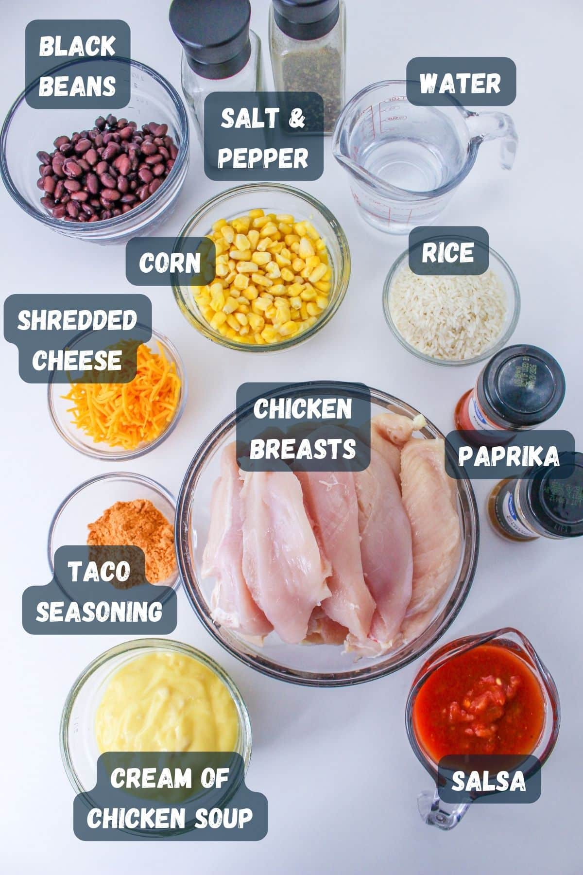 Labeled ingredients to make fiesta chicken casserole. 