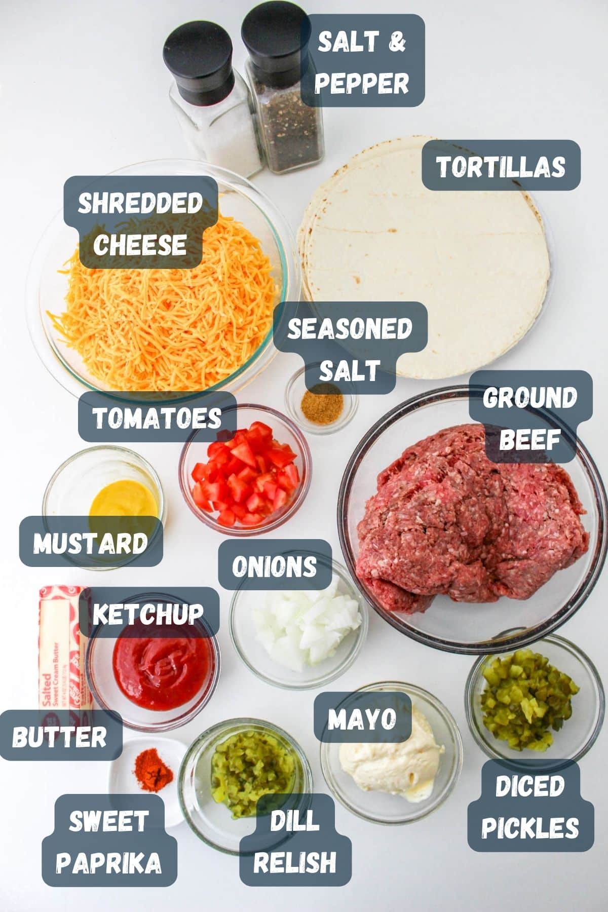 Labeled ingredients used to make burger quesadillas. 