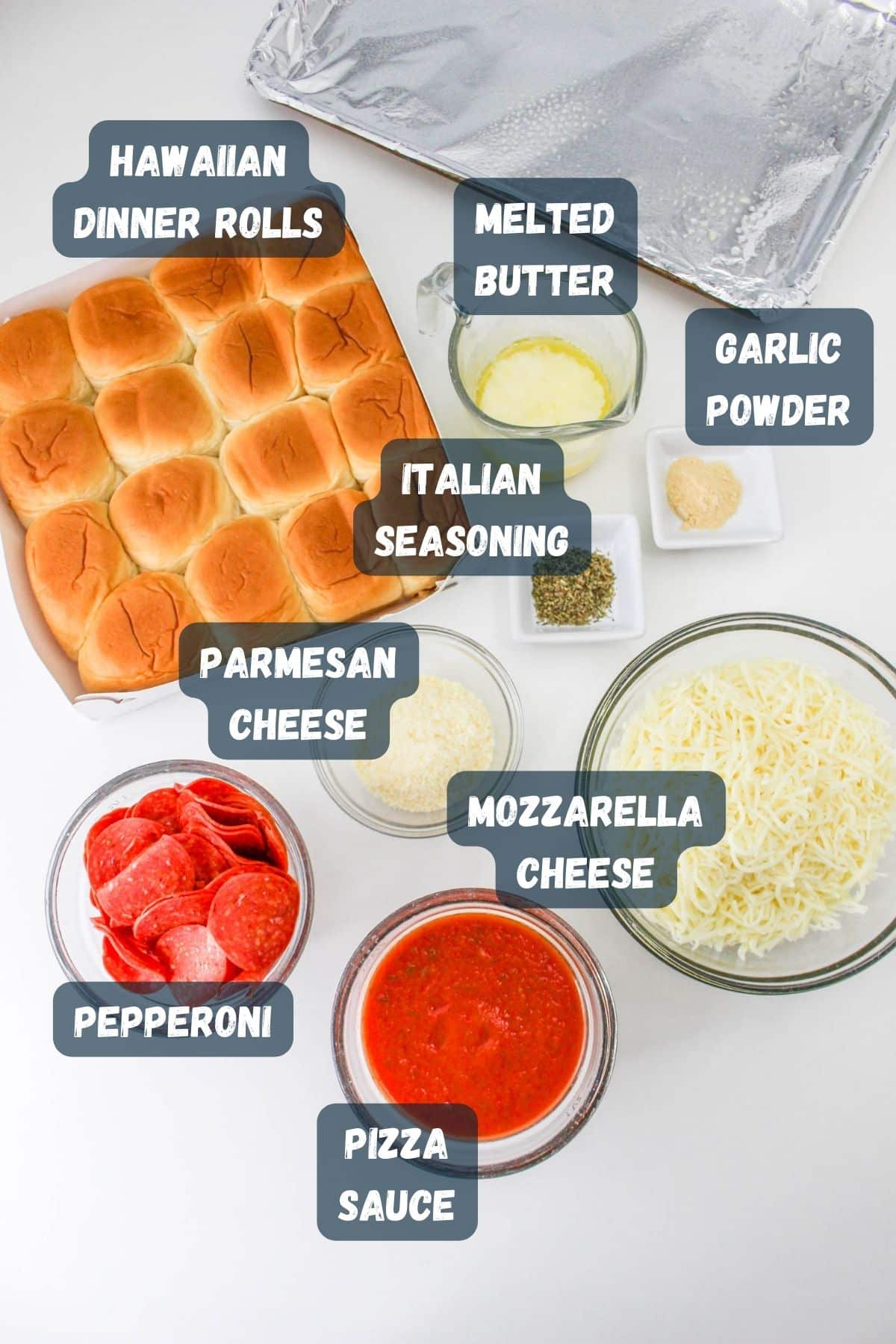 Labeled ingredients shown to make pizza sliders. 