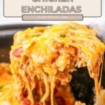 A spoon lifts cheesy Slow Cooker Chicken Enchiladas from a crockpot, each enchilada topped with melted cheese and fresh herbs.