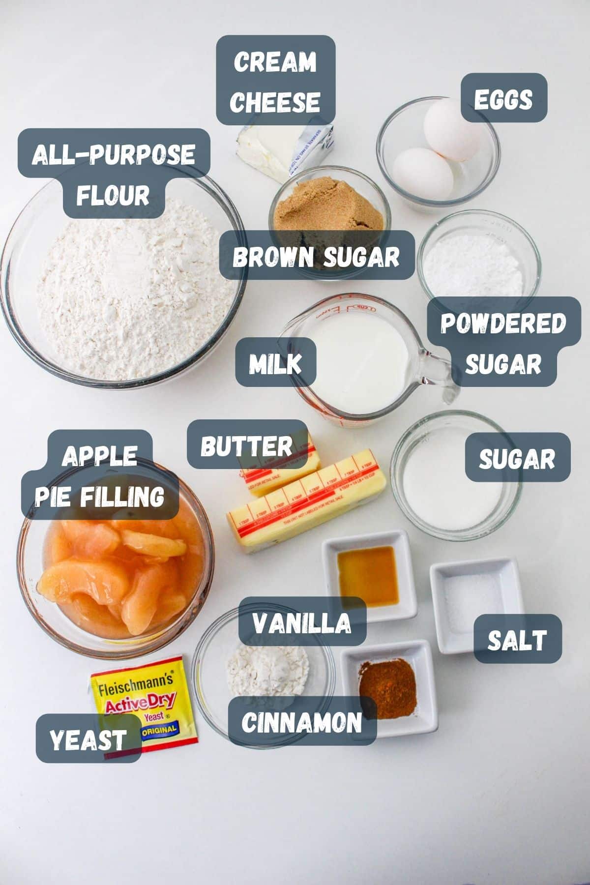 Labeled ingredients needed to make apple cinnamon rolls. 