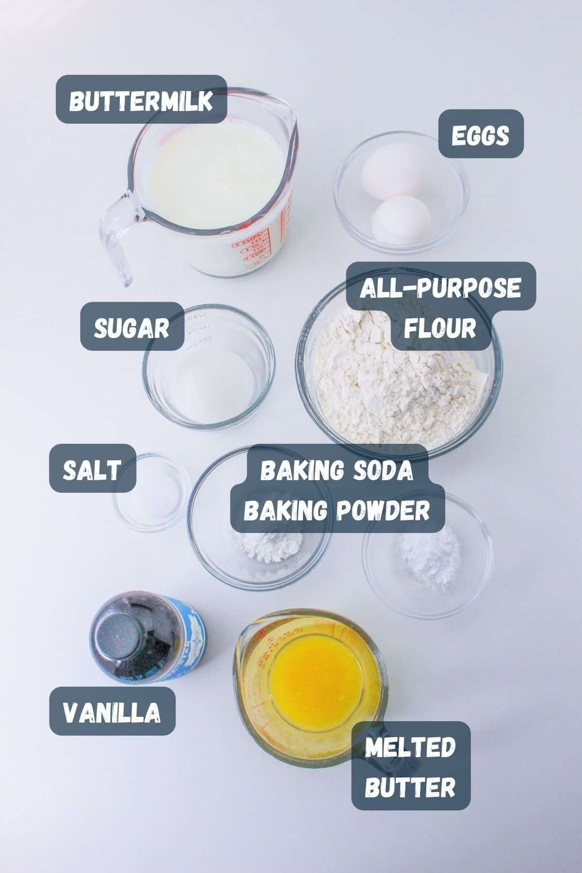 A labeled picture of ingredients needed for buttermilk pancakes. 