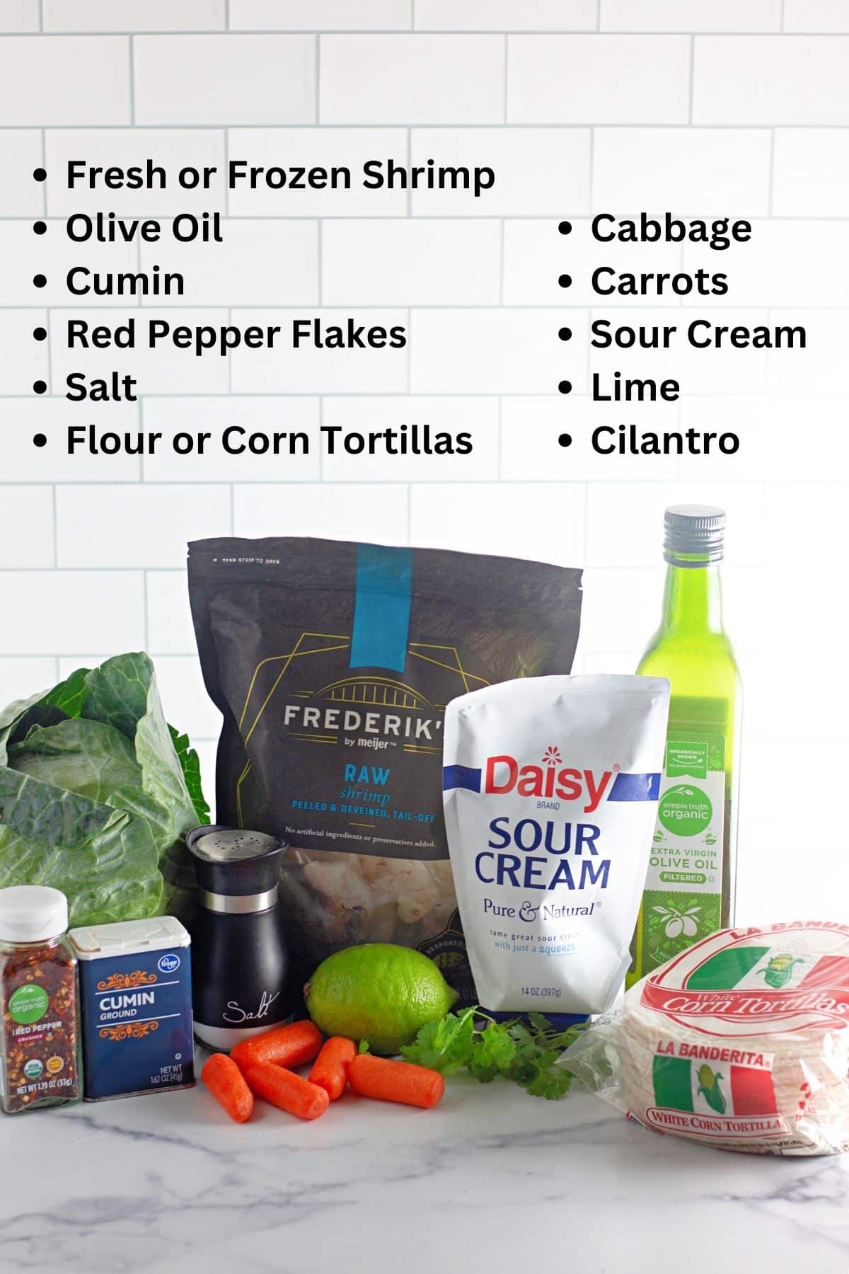 Ingredients shown for making shrimp tacos. 