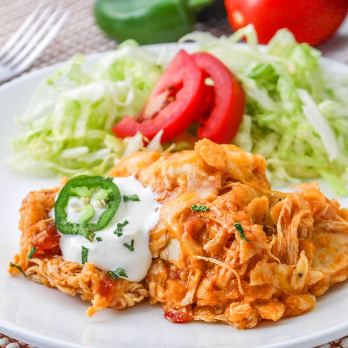 Chicken enchilada casserole on a white plate.