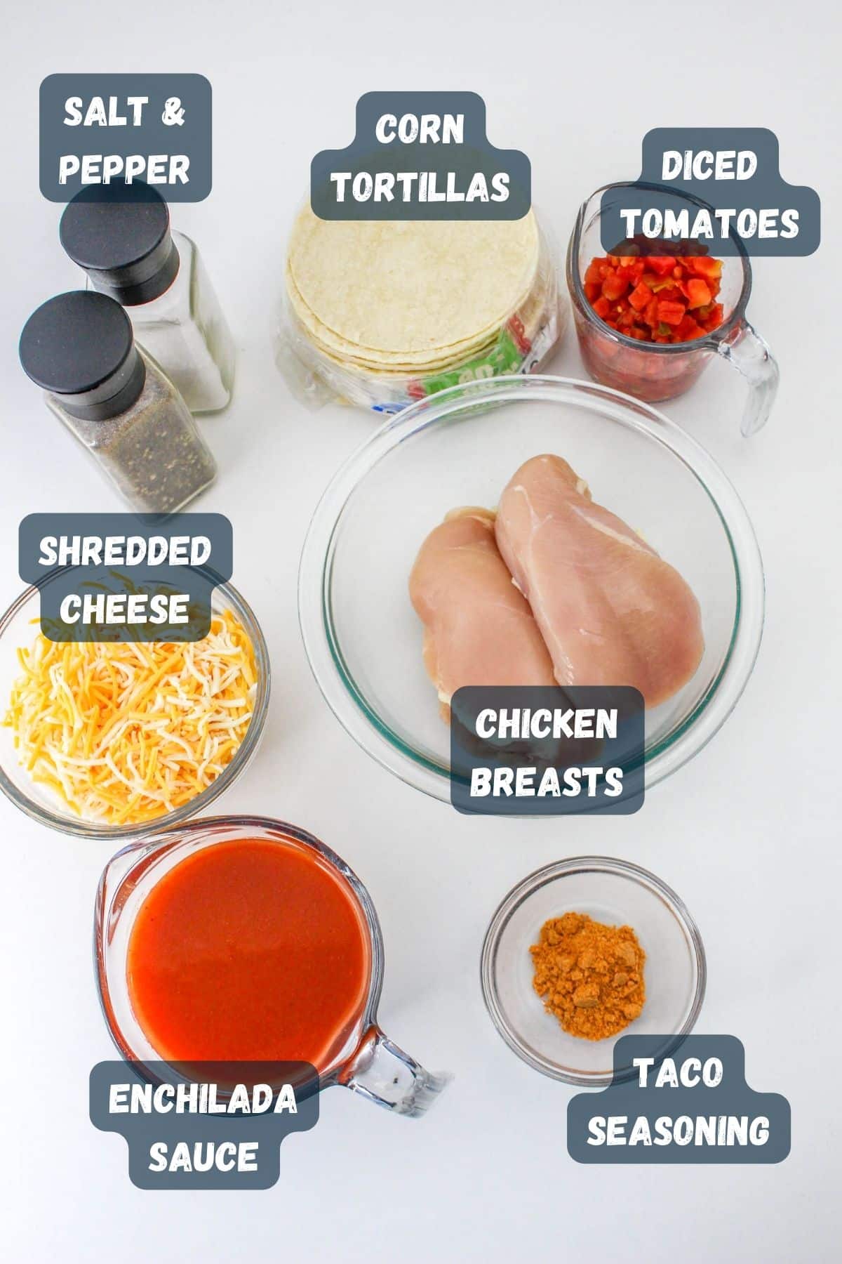 Labeled ingredients shown for slow cooker chicken enchiladas. 