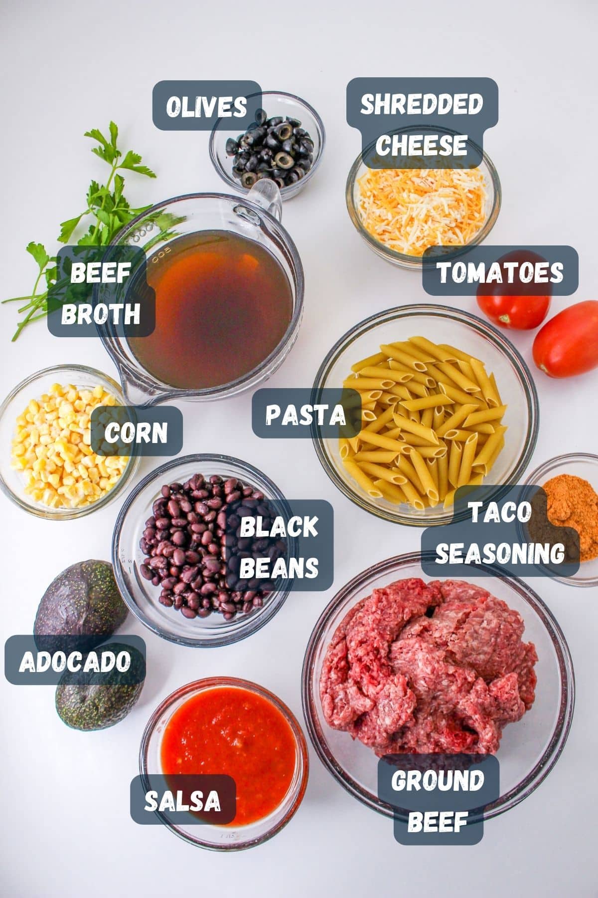 Ingredients for taco pasta. 