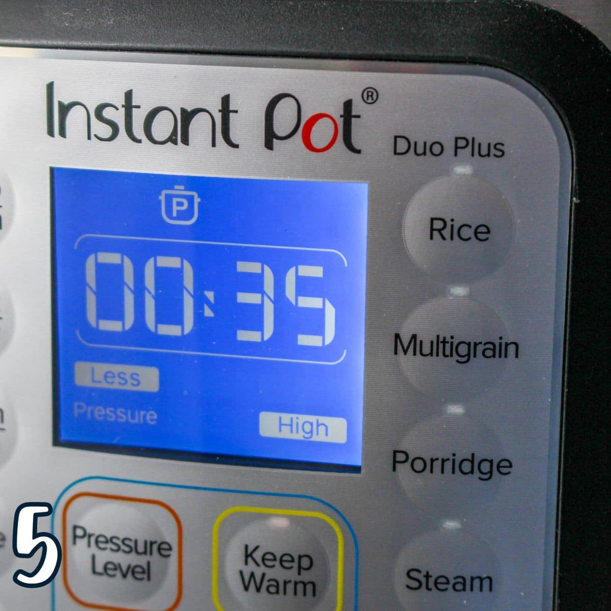 An Instant pot showing 35 minutes cook time. 