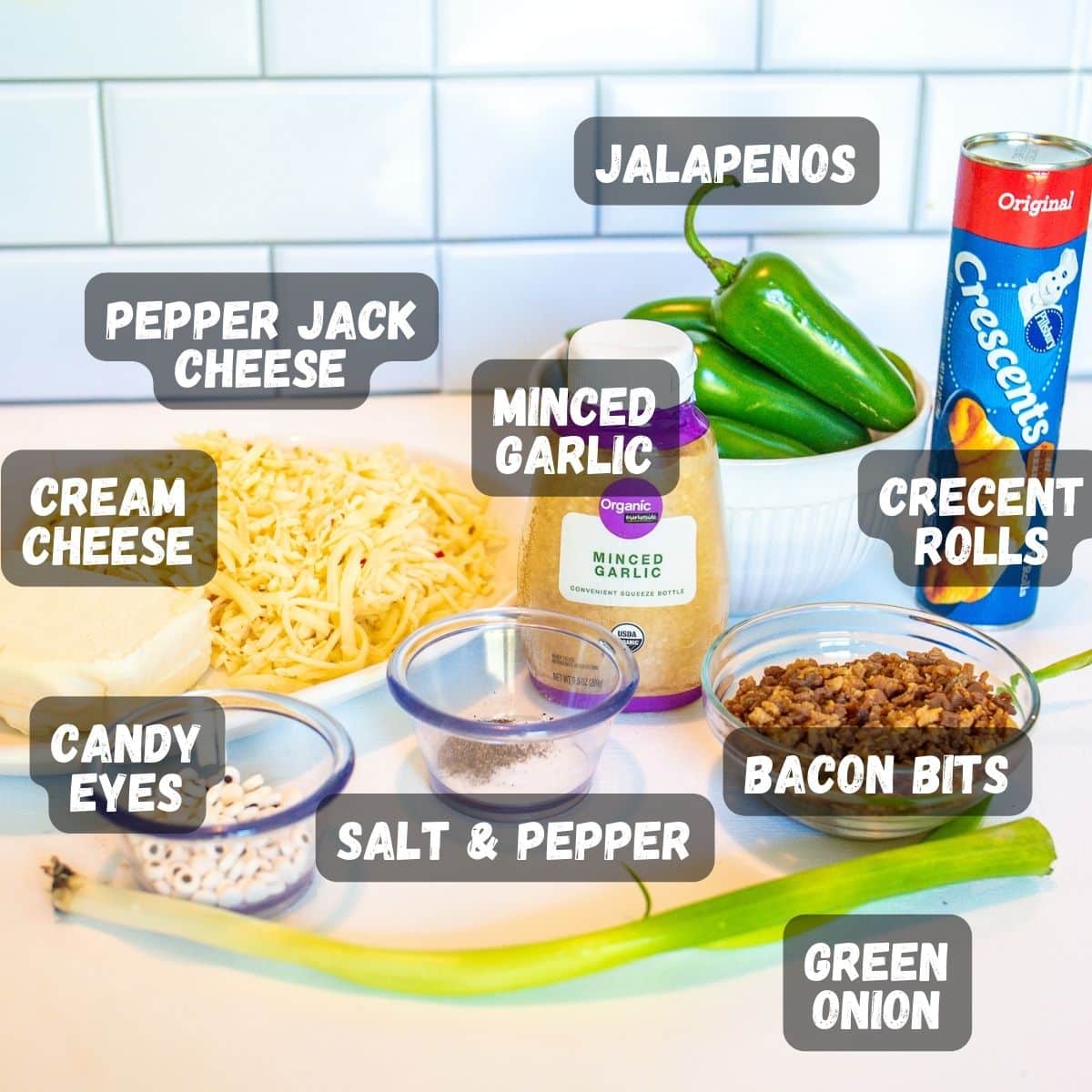 Ingredients shown for making mummy jalapeno poppers. 