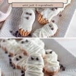 Nutter Butter Halloween Cookies are decorated as adorable ghosts and mummies with white icing and chocolate chips, arranged on a white plate.