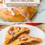 Iced pumpkin braid with pecans, shown whole and sliced, rests on a white plate and patterned cloth, highlighting the sweet glaze and crunchy nuts woven through each slice.
