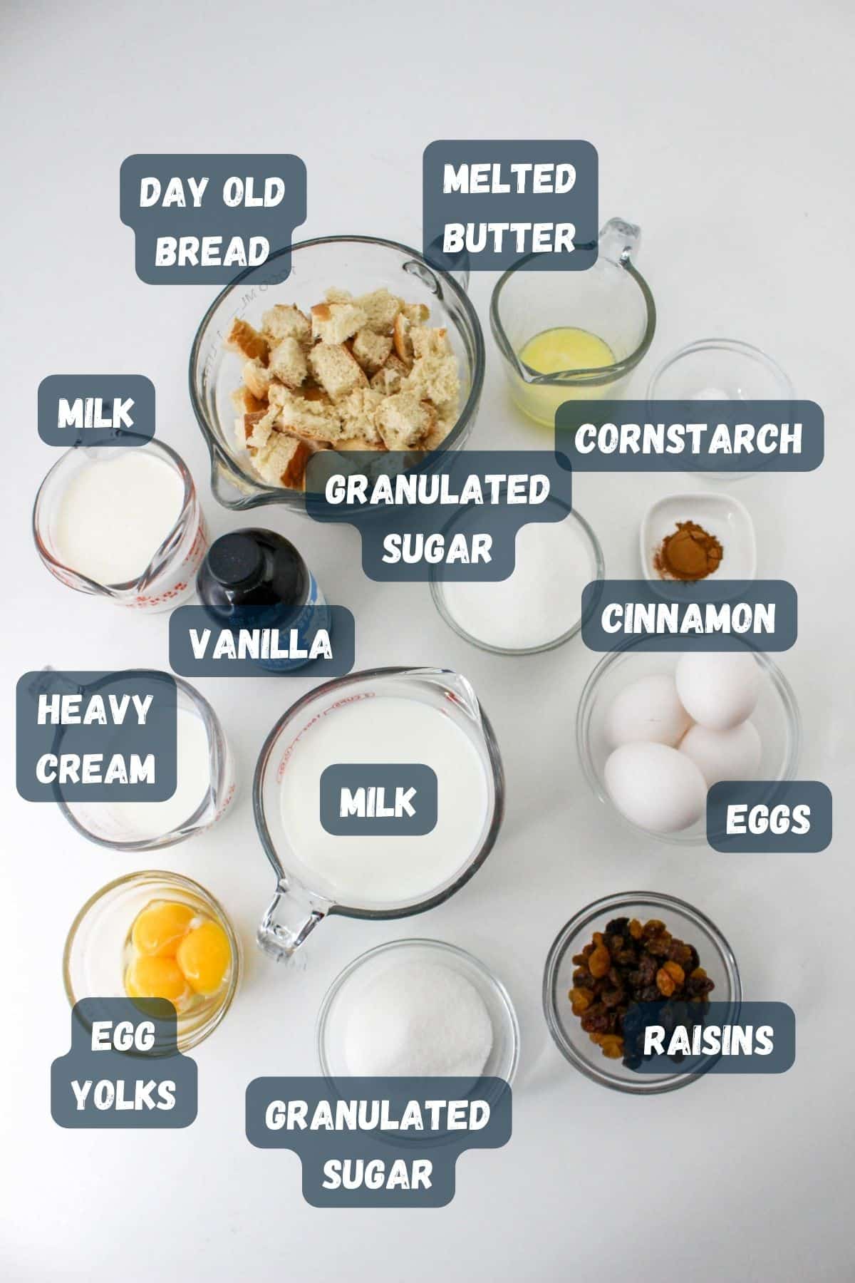 Ingredients shown for bread pudding with vanilla sauce. 