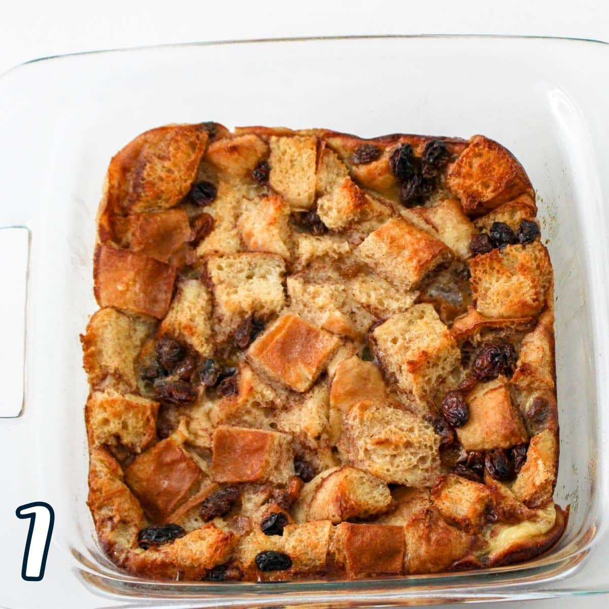 Just baked bread pudding in a square baking dish. 