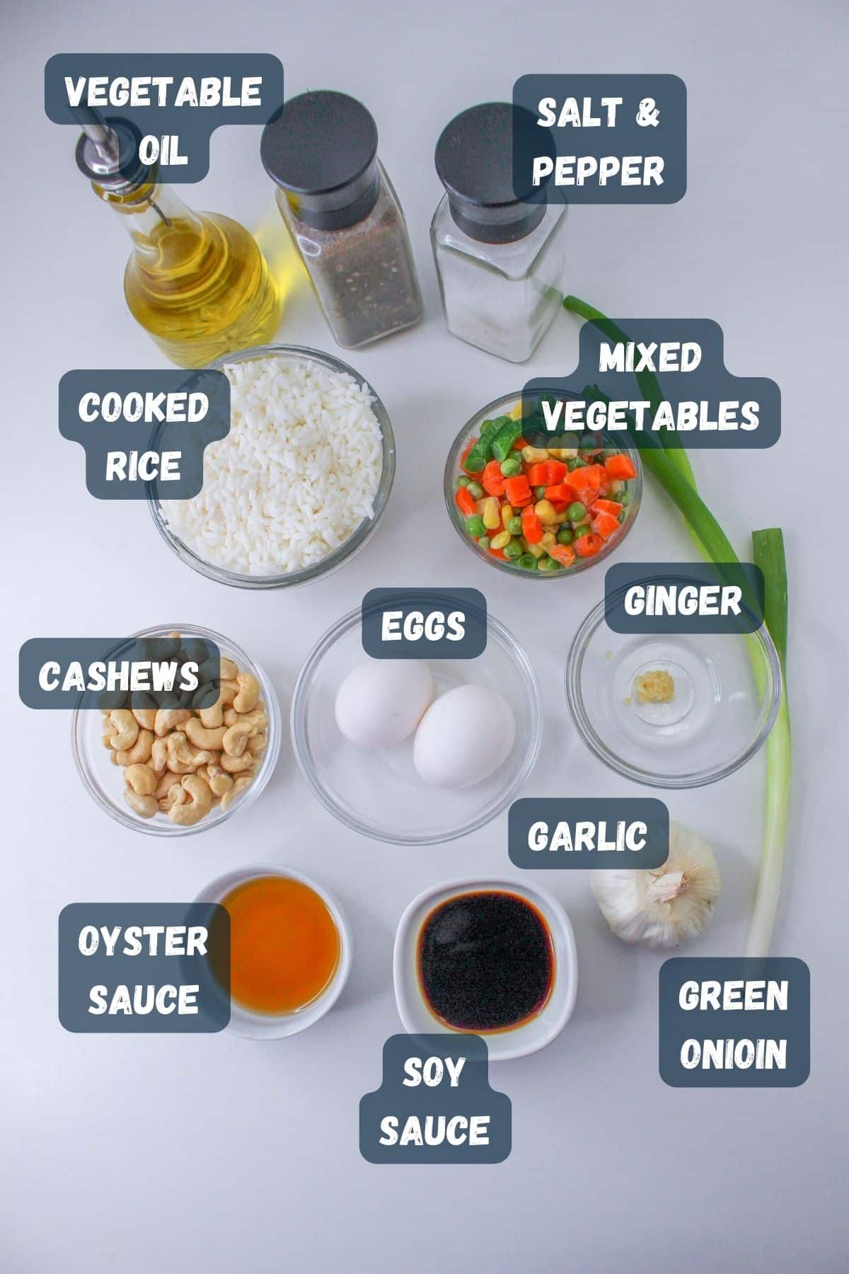 Ingredients needed to make fried rice with cashews. 