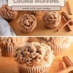 Apple Cinnamon Muffins rest on a wooden surface, surrounded by cinnamon sticks and green apples in the background, highlighting their warm, inviting flavor.