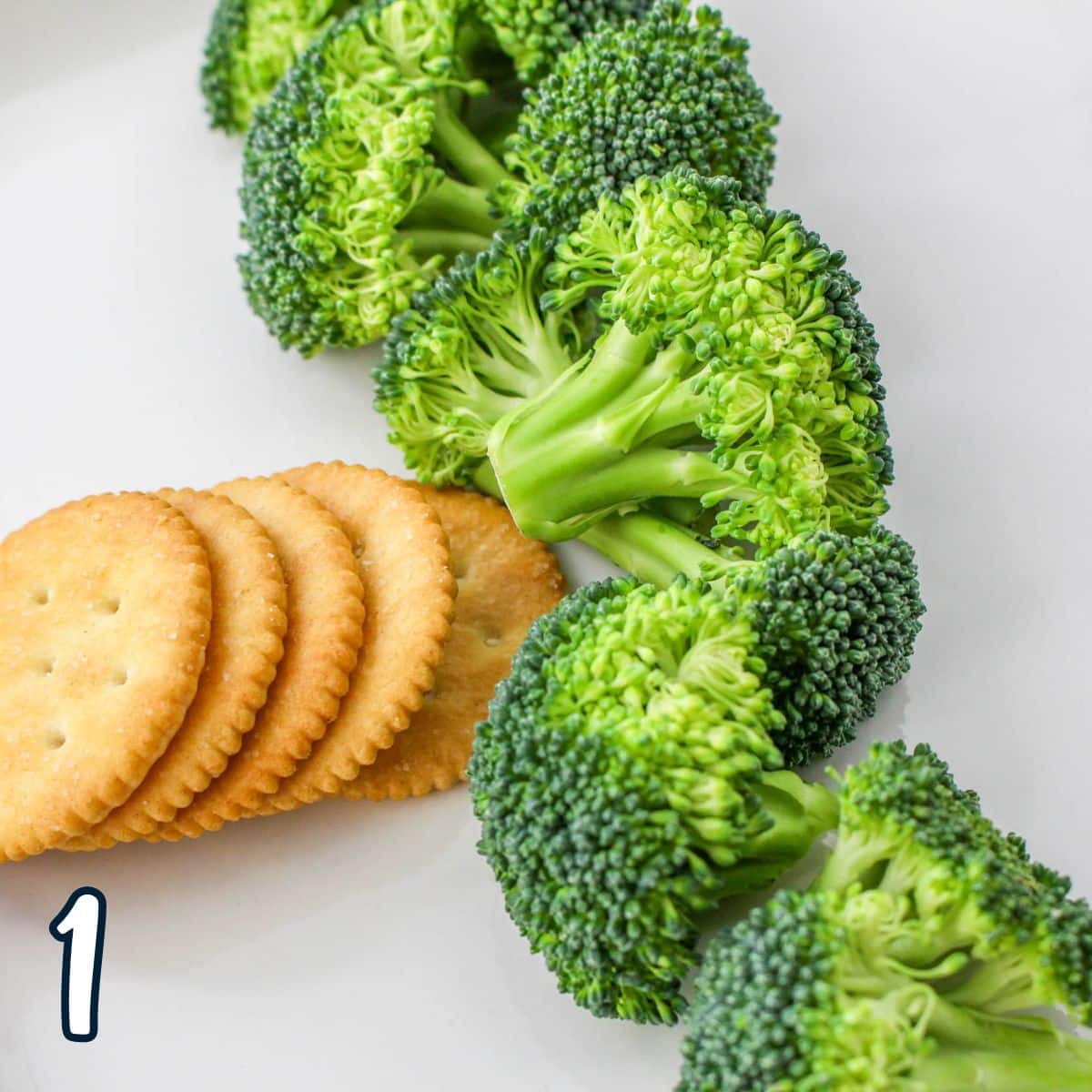 A plate with broccoli and crackers on it.