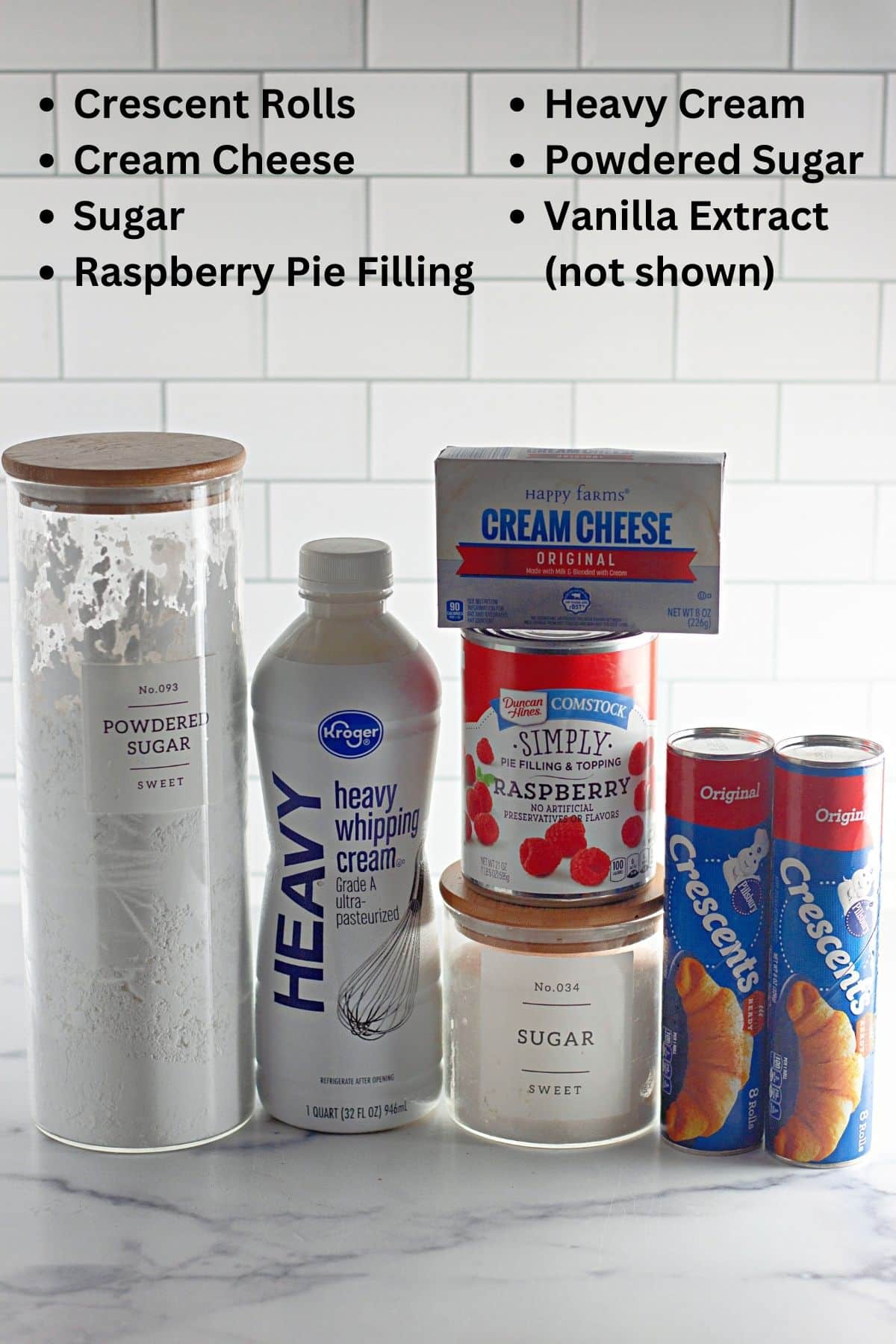 Ingredients shown to make a raspberry pastry wreath.