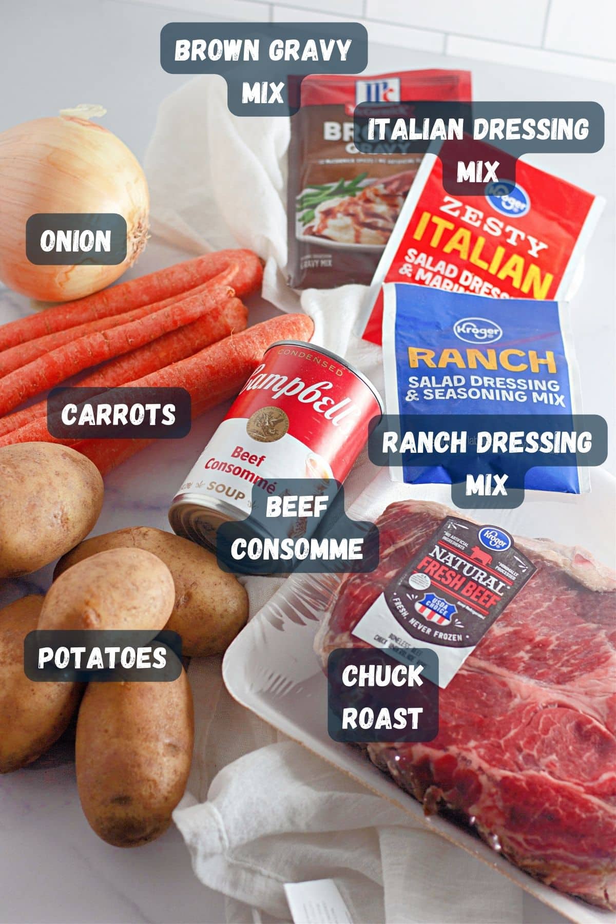 A list of ingredients for a slow cooker beef chuck roast.