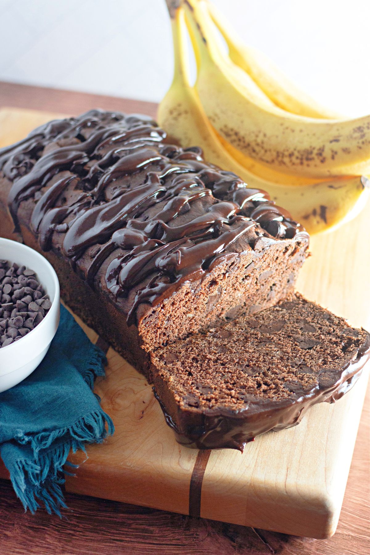 Chocolate banana bread on a cutting board.