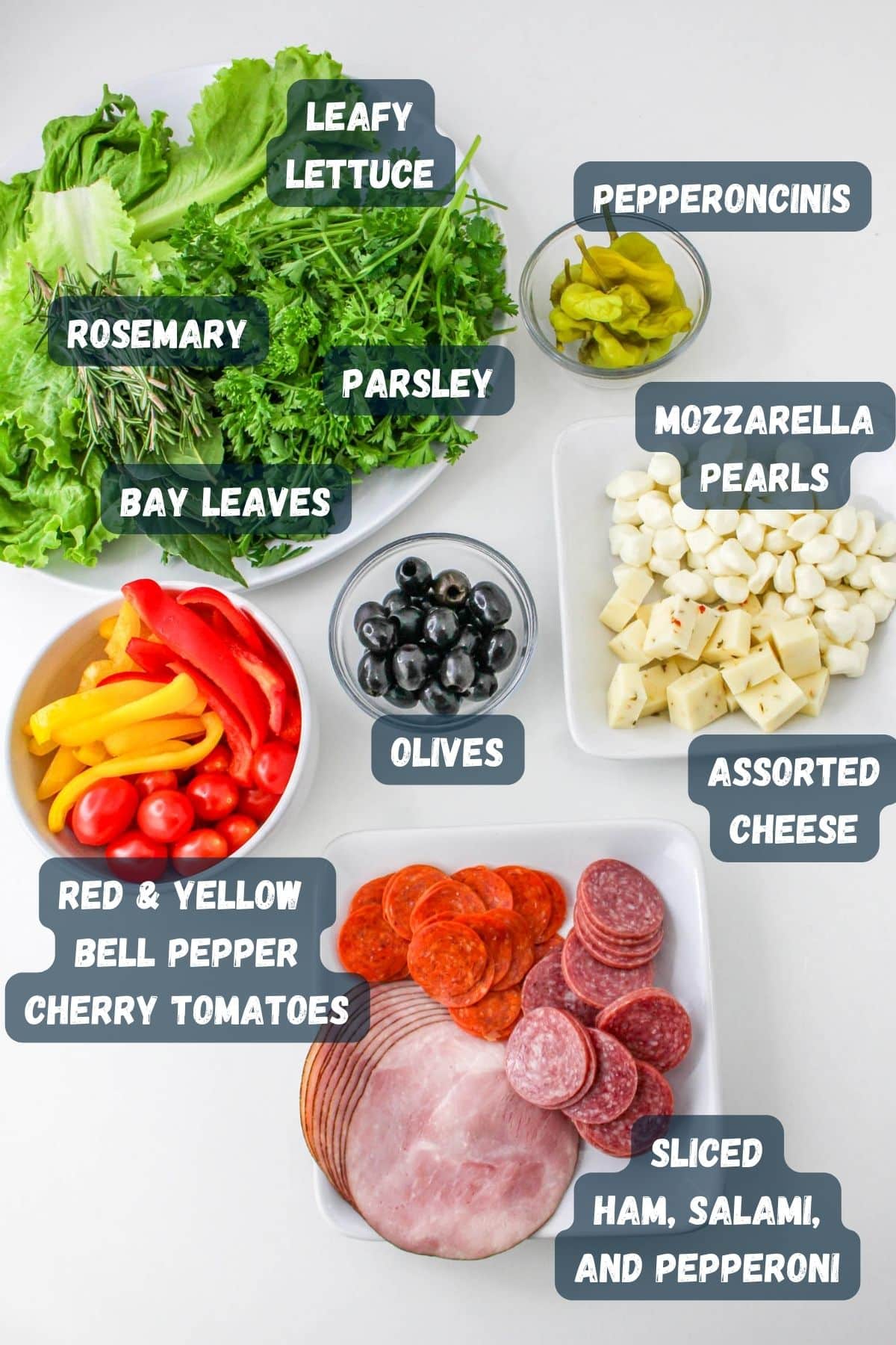 A list of ingredients for an Antipasto salad wreath.