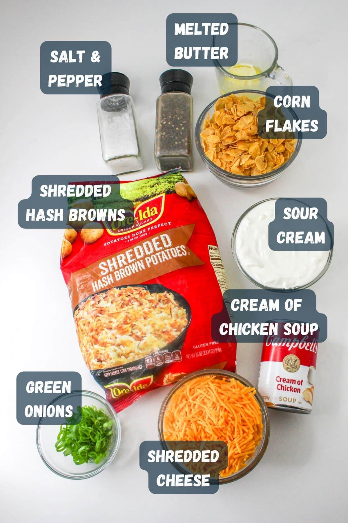 Ingredients shown used to make cheesy hashbrown casserole. 
