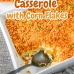 Hashbrown casserole with corn flakes pinterest graphic.