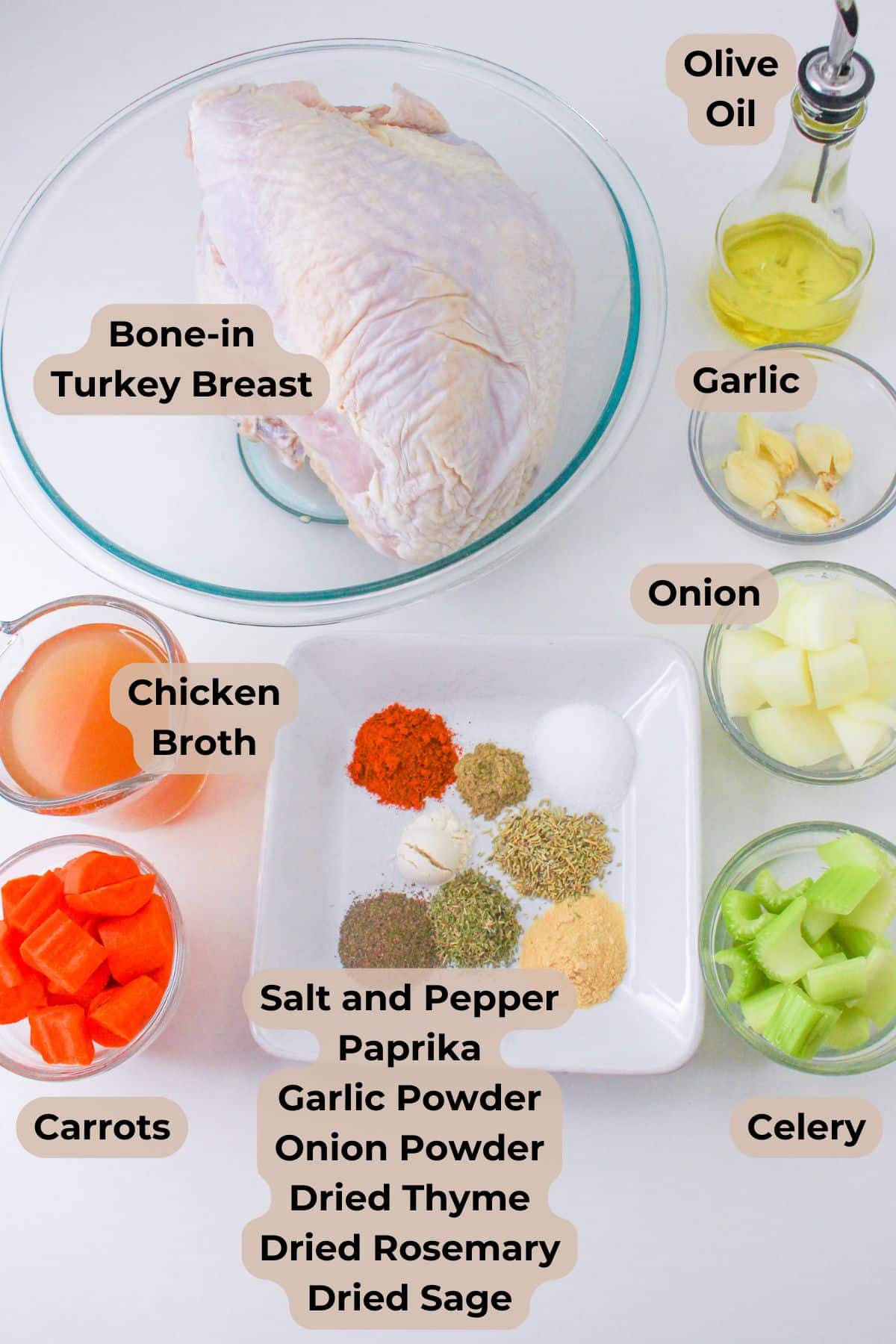 Dutch Oven Turkey Breast featuring bone-in turkey breast with olive oil, broth, garlic, onion, carrots, celery, and assorted spices in bowls.