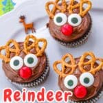 Reindeer cupcakes arranged beautifully on a plate. Pinterest Graphic.