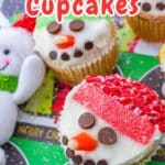 Snowman cupcakes with festive icing and adorable decorations.
