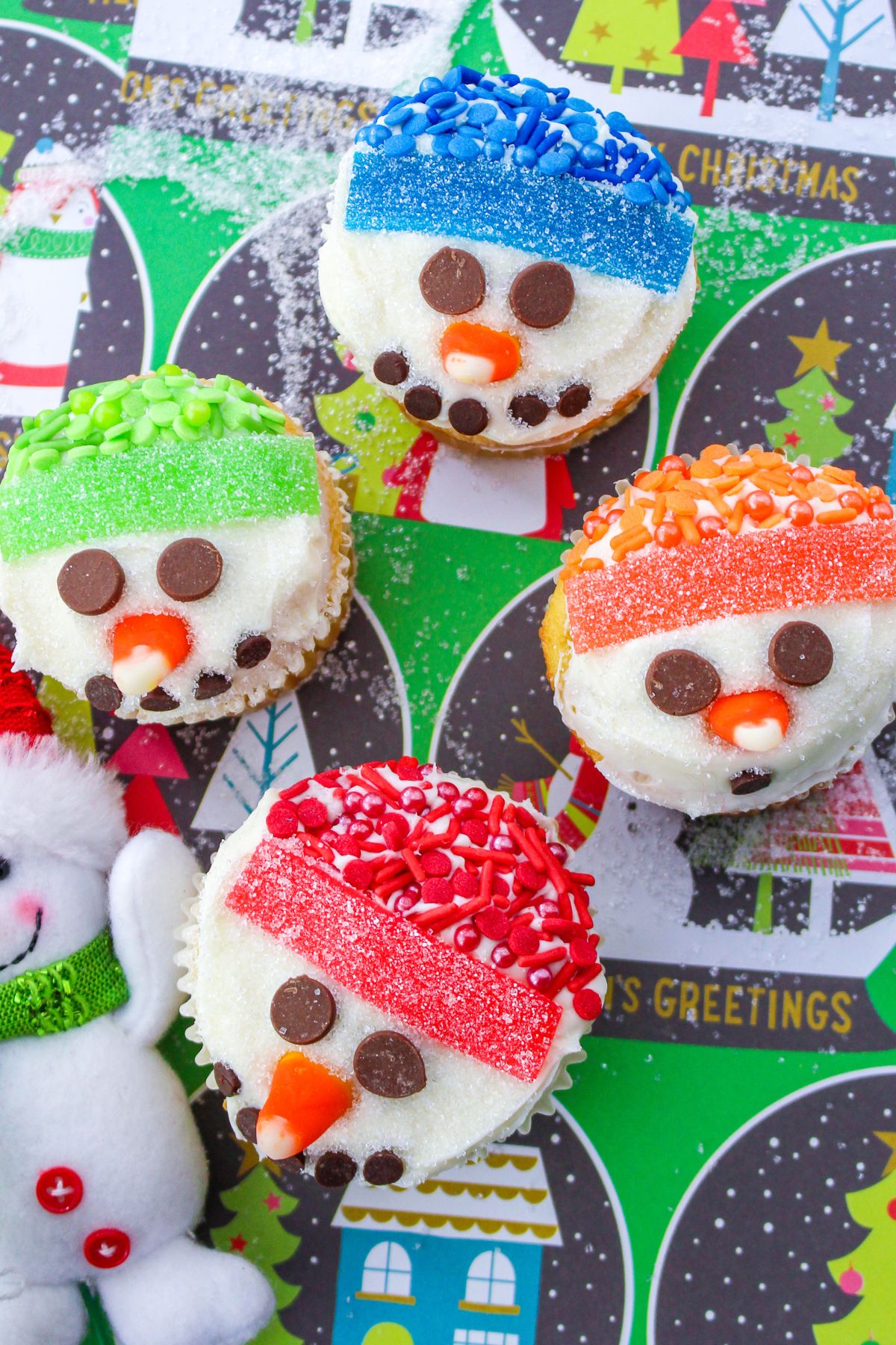 Snowman Cupcakes on a green background.